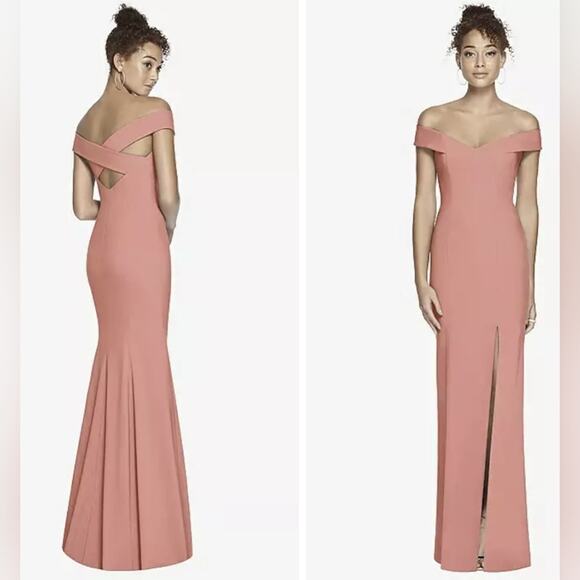 Dessy Collection Off Shoulder Criss Cross Back Trumpet Gown Desert Rose 10R - Picture 1 of 11